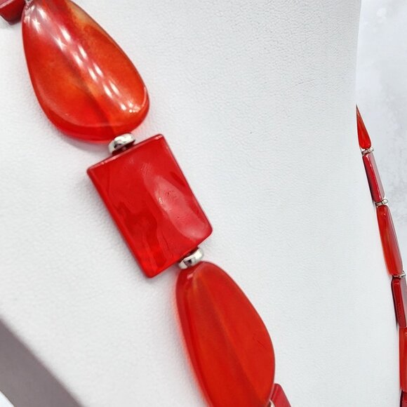 Long Handmade Titto Red Carnelian Colored Bead Slab Silver Station Necklace Fall - Picture 8 of 9